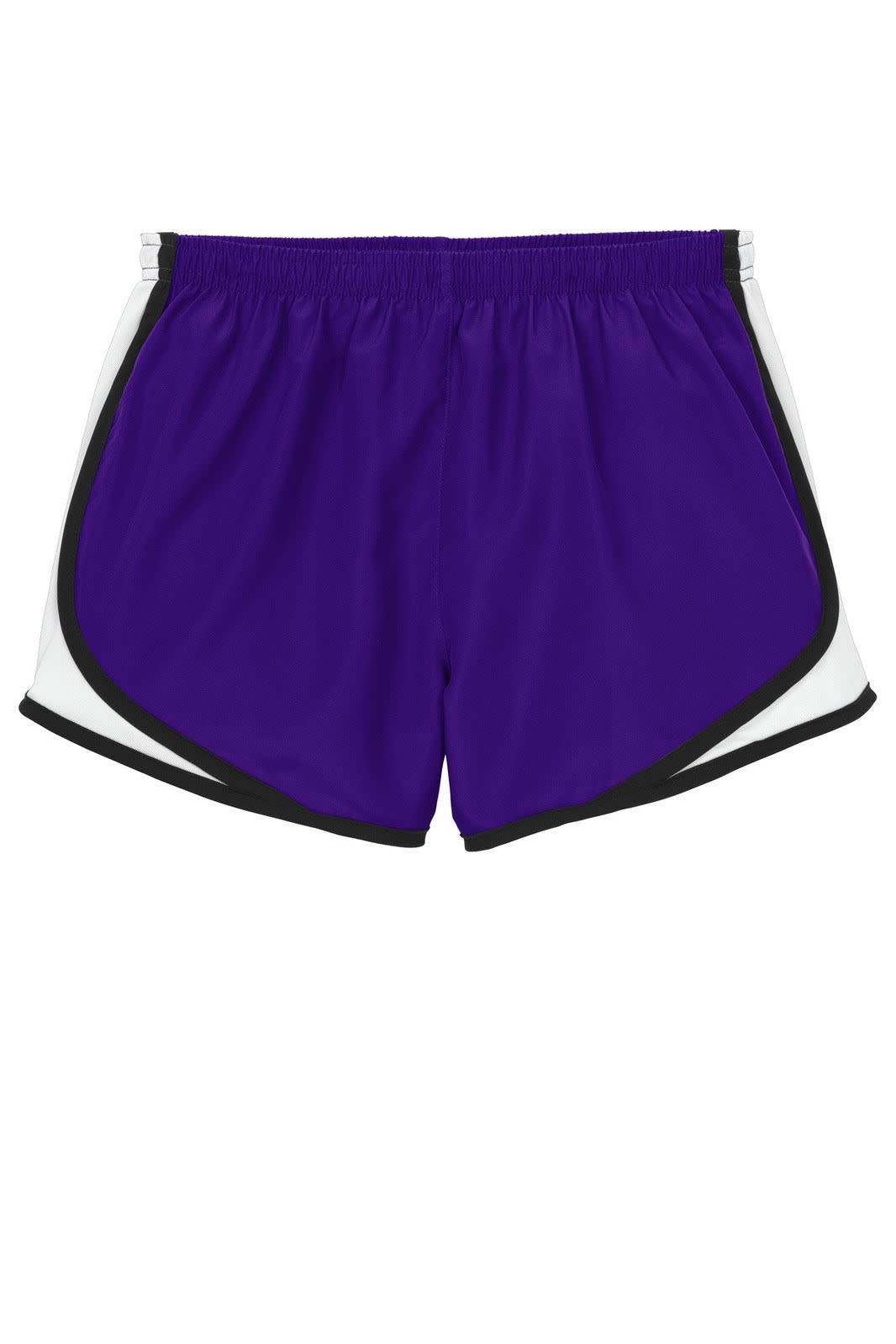 Sport-Tek Ladies Cadence Shorts in purple with white and black accents. Features an elastic waistband and sports branding.