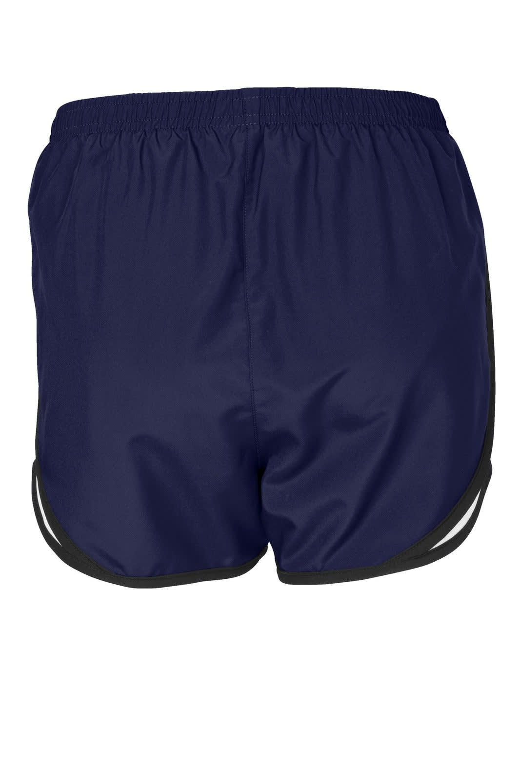 A pair of navy sports shorts with black trim, featuring an elastic waistband and a logo.