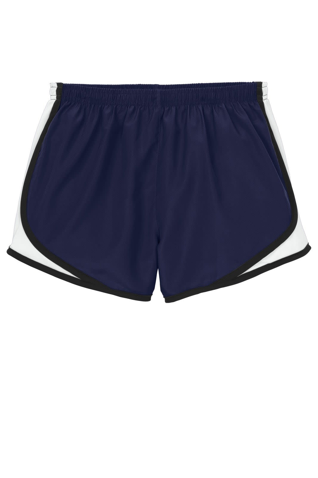 A pair of navy blue athletic shorts with white and black accents, featuring a logo on the side.