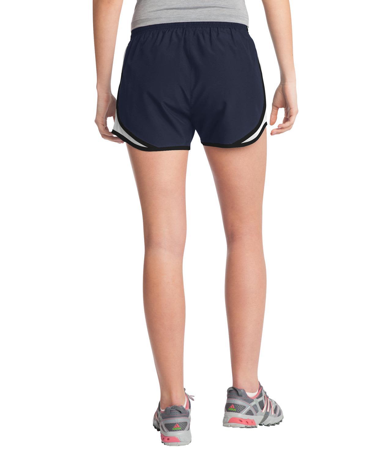 Ladies' navy sports shorts with a sporty design, featuring a logo and contrasting side trims.