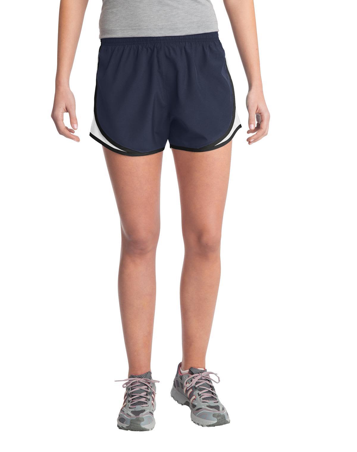 Ladies' navy sports shorts with a contrasting trim, featuring an elastic waistband and a logo.