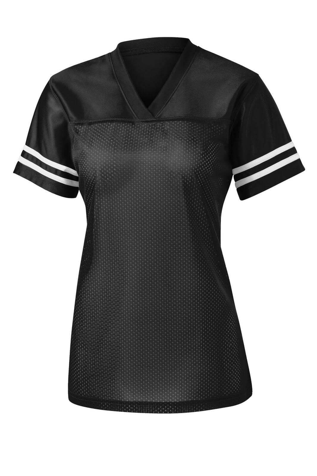 A black ladies' jersey featuring a V-neck, short sleeves, and striped accents, with a logo on display.