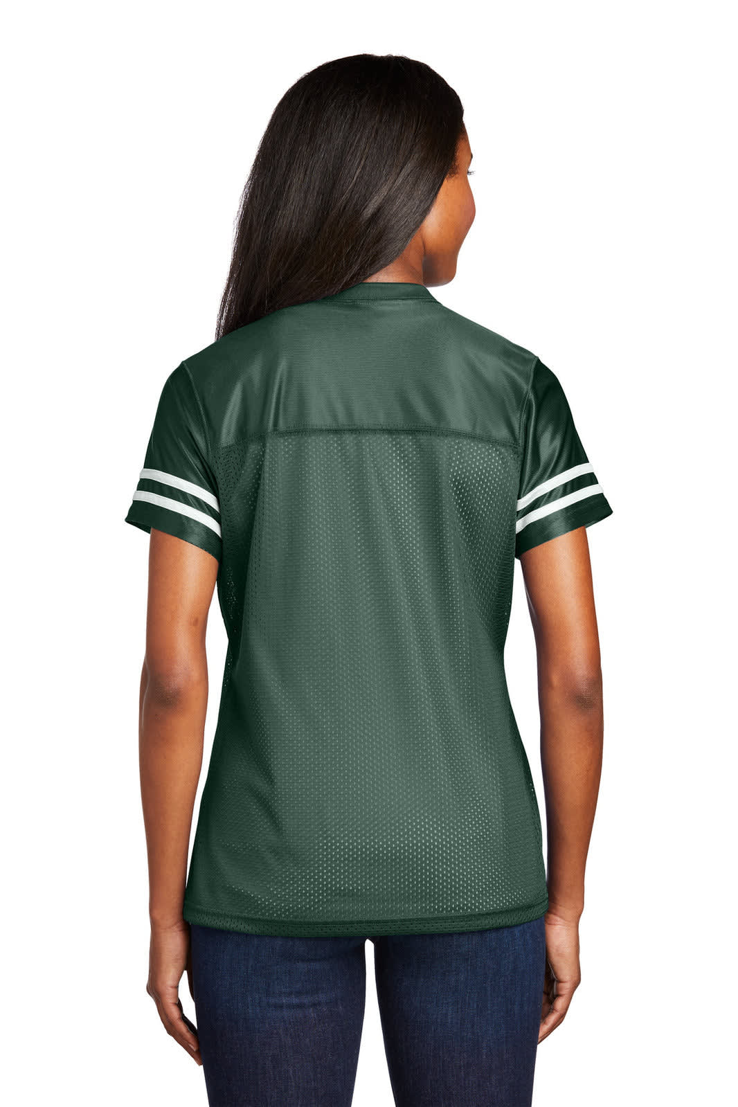 A green sports jersey with white stripes on the sleeves, featuring a logo on the back.