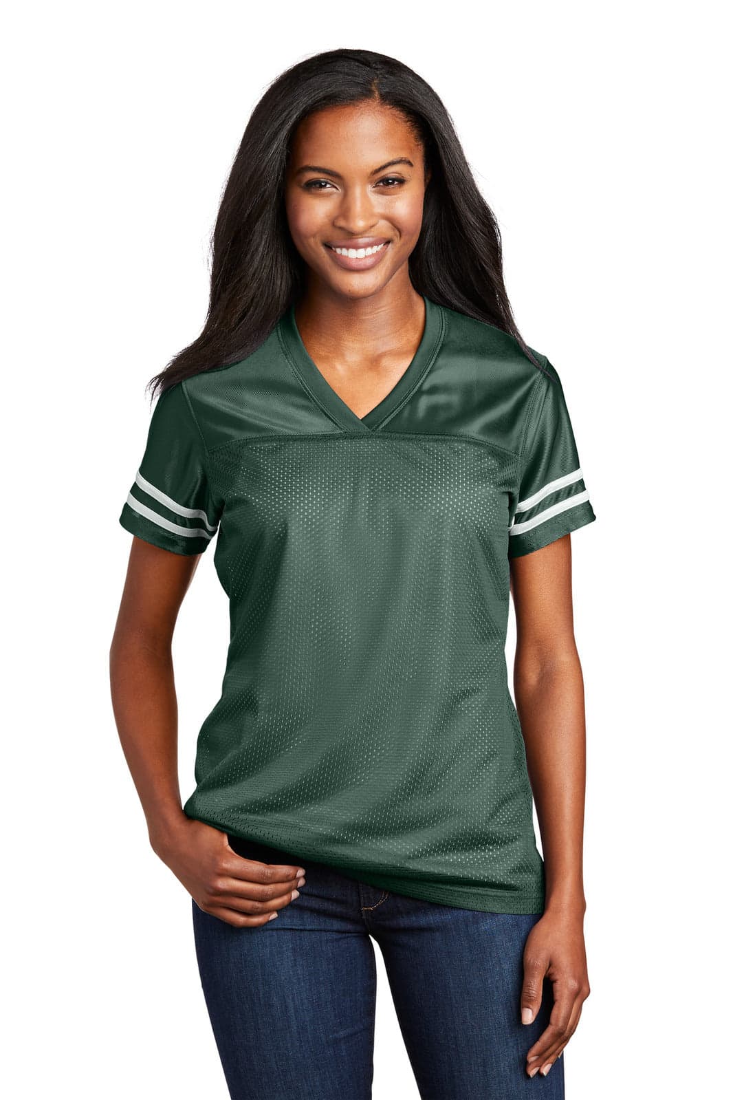 A ladies' green jersey with white stripes on the sleeves, featuring a logo on the front.
