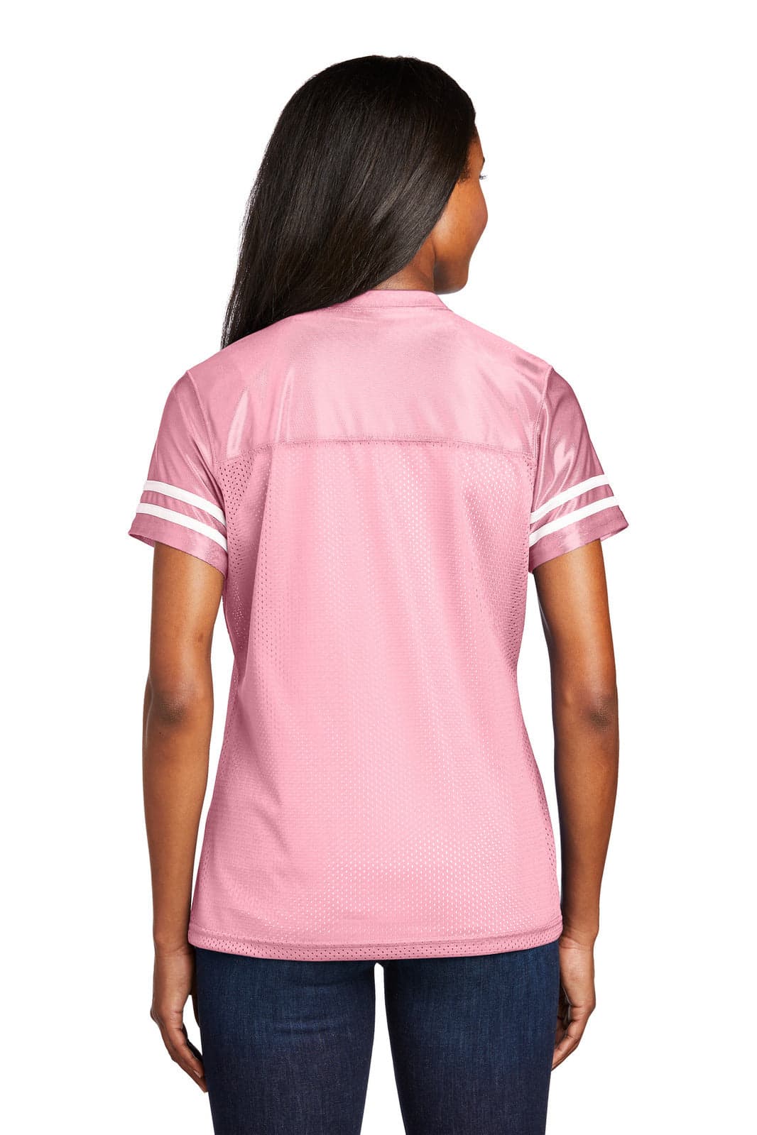 A pink Sports Uniform jersey with short sleeves and white stripes, featuring a logo on the back.