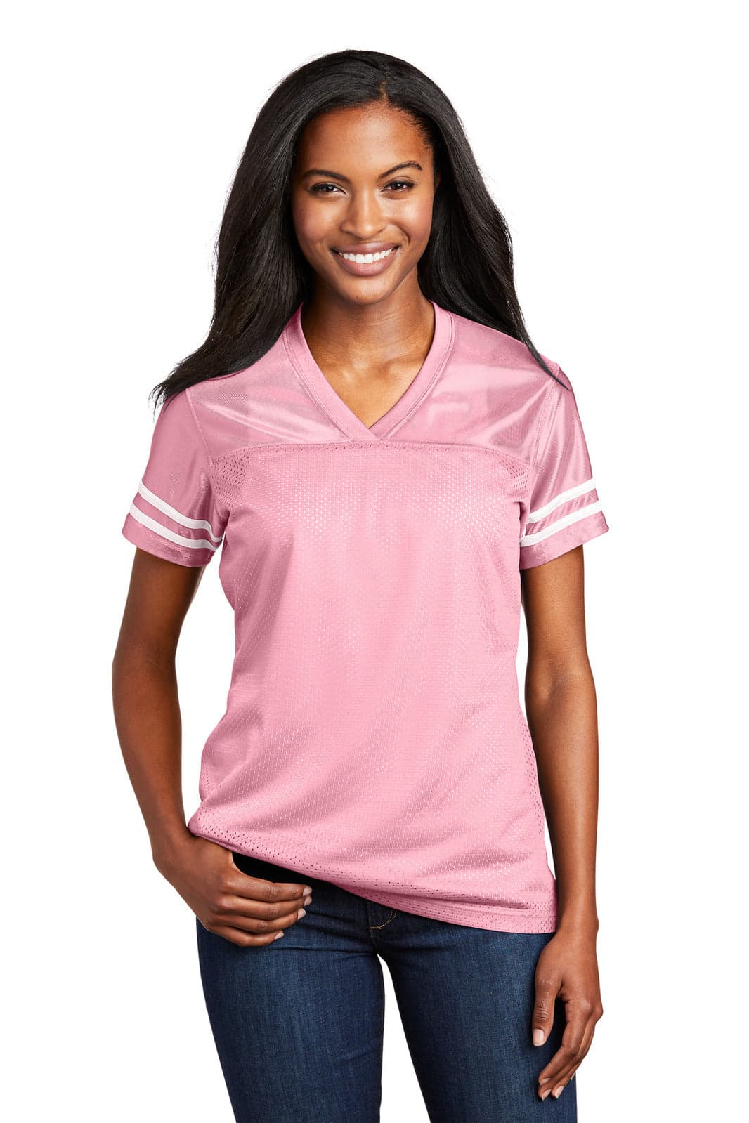 A pink Sport-Tek Ladies PosiCharge Replica Jersey with white stripes and a logo on the sleeve.