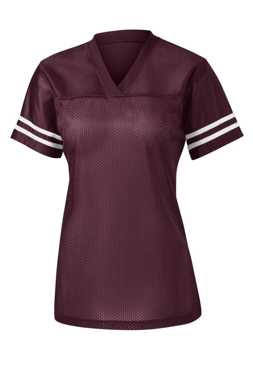 A maroon ladies jersey featuring a v-neck, short sleeves, and white stripes, with a logo on it.