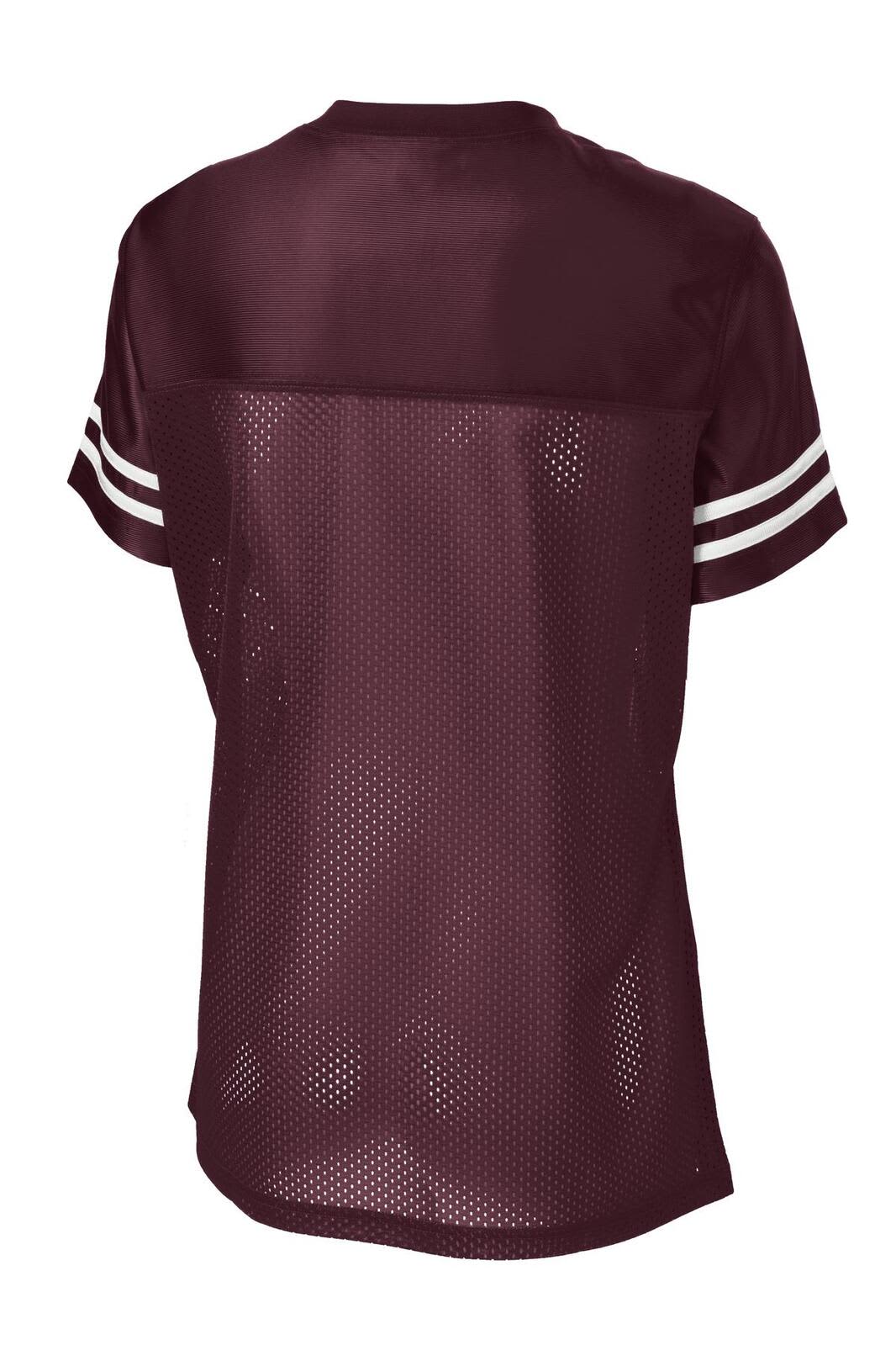 A maroon jersey featuring white striped sleeves and a mesh back, designed for sports uniforms. It includes a logo.