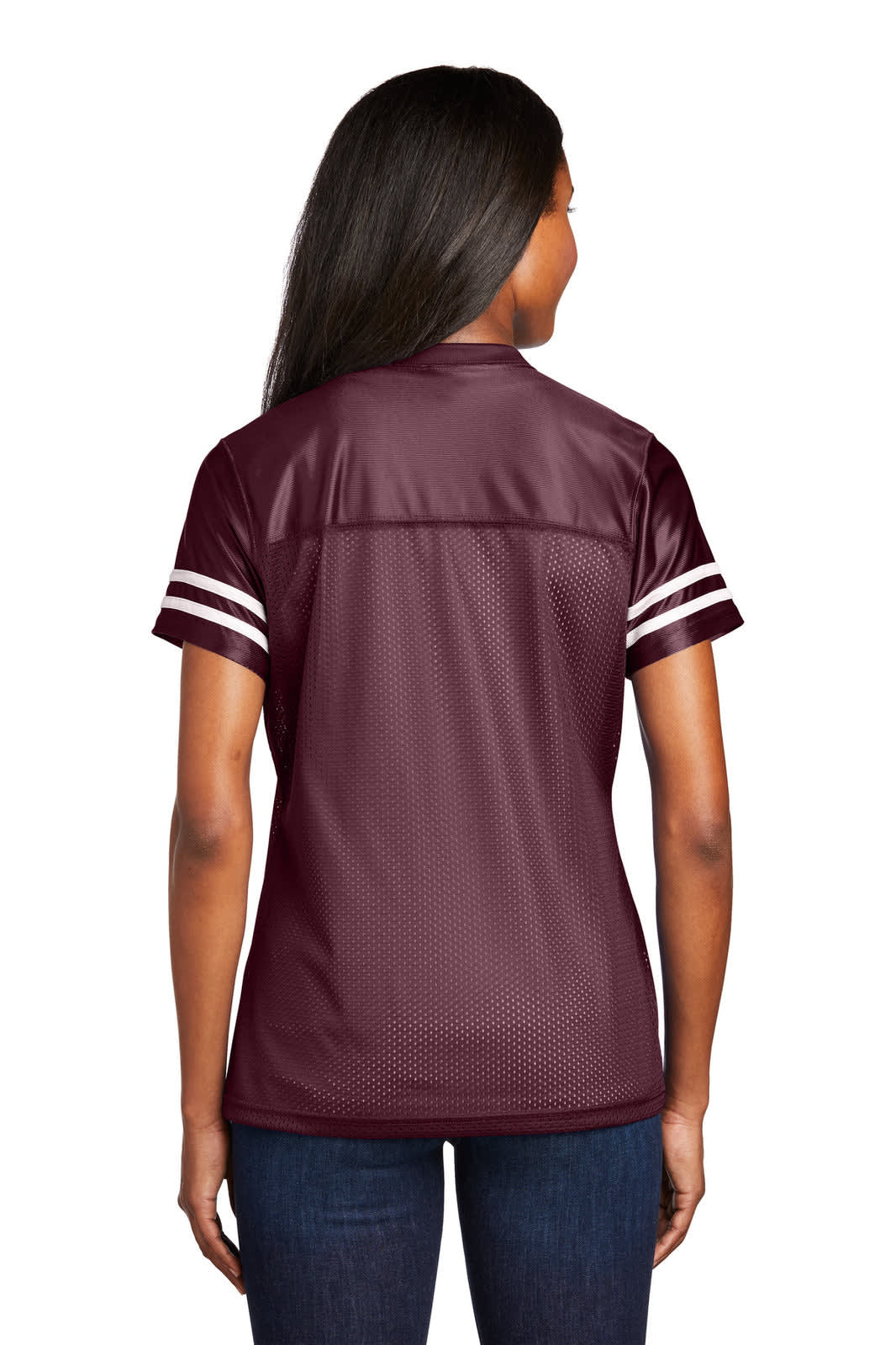 A burgundy sports jersey with short sleeves and white stripes, featuring a branding logo on the back.