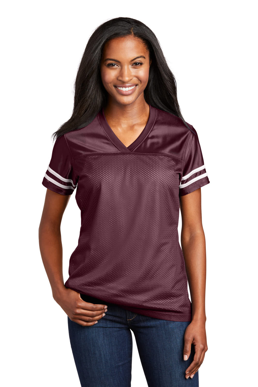 A maroon ladies' jersey with a V-neck, featuring white stripes on the sleeves and a logo.