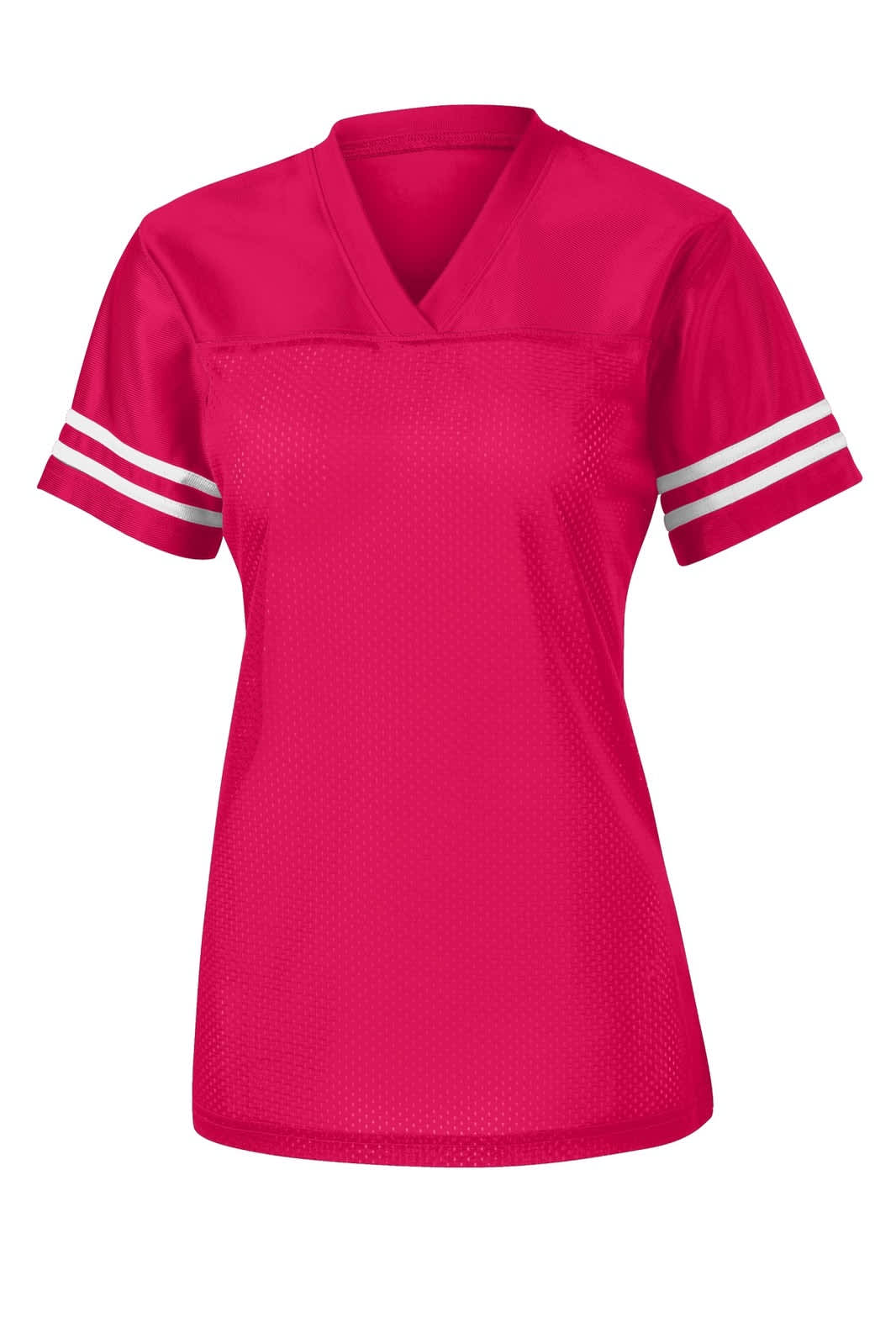 A pink women's jersey featuring a V-neck and white striped sleeves, with a logo on the front.