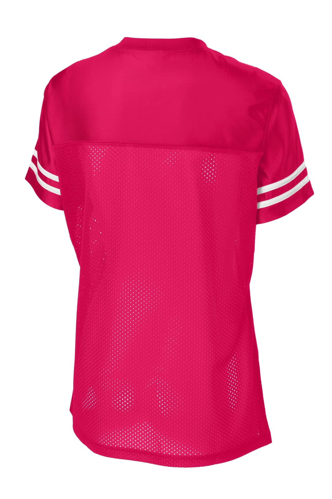 A pink sports jersey featuring white stripes on the sleeves and a mesh back. It includes a logo at the front.