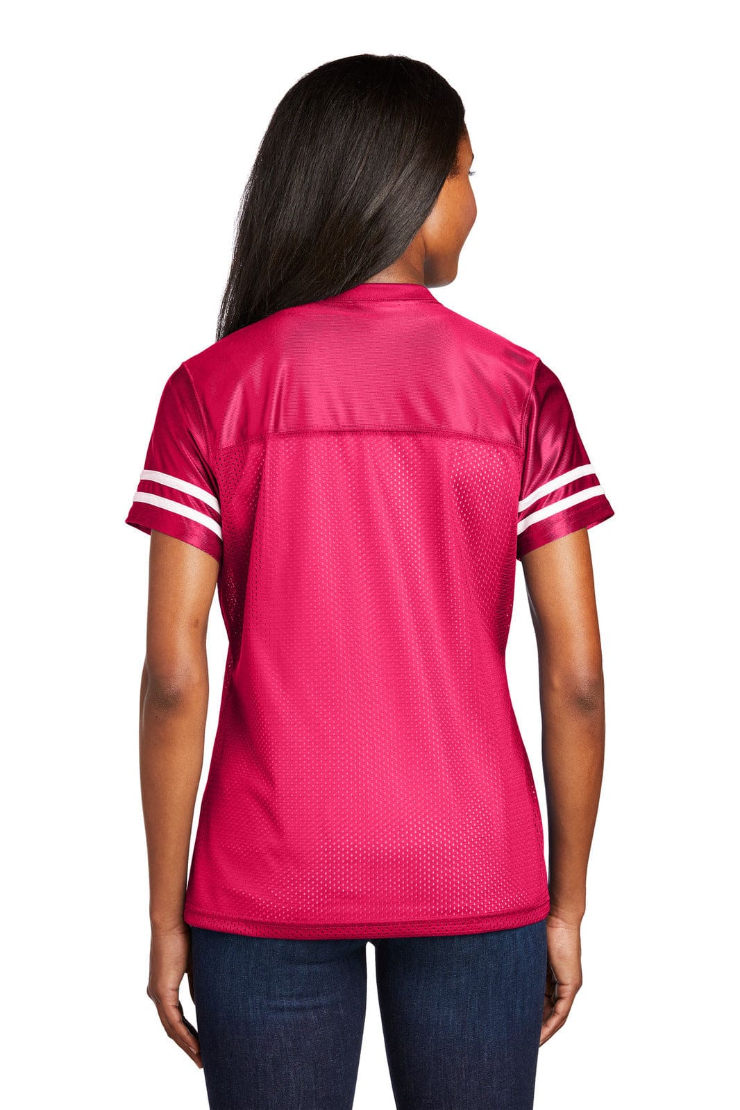 A red ladies' jersey featuring short sleeves and white stripes, with a logo on the brand.