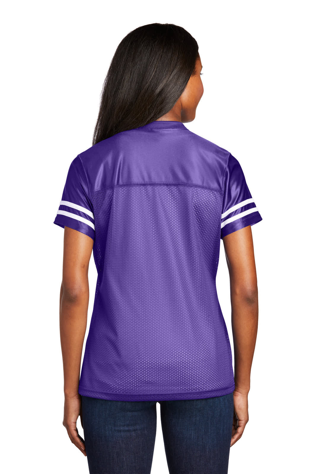 A purple sports jersey with short sleeves, featuring white stripes and a mesh back design. It has a logo.