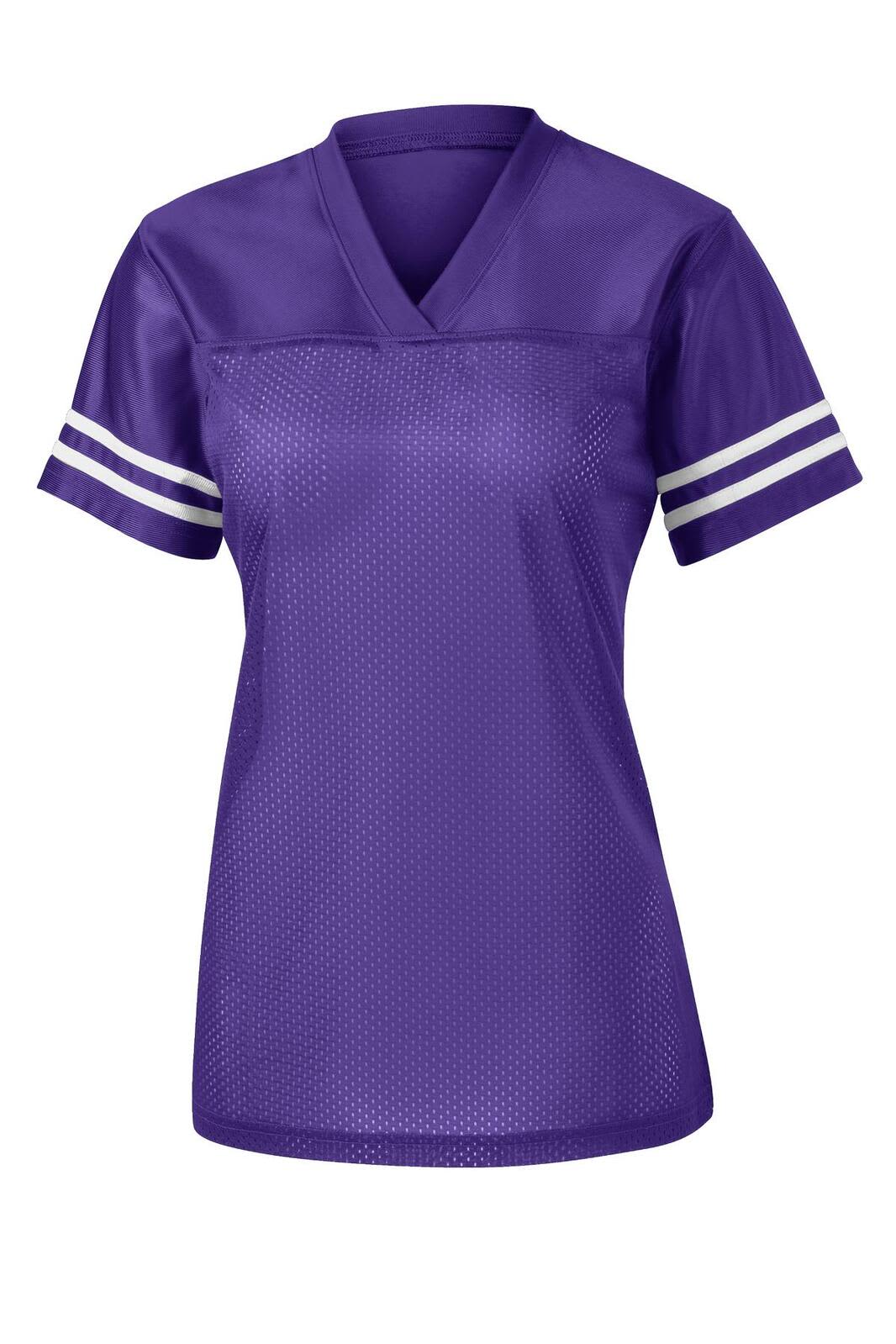 A purple jersey with white stripes on the sleeves and a V-neck design. It features a logo on the front.