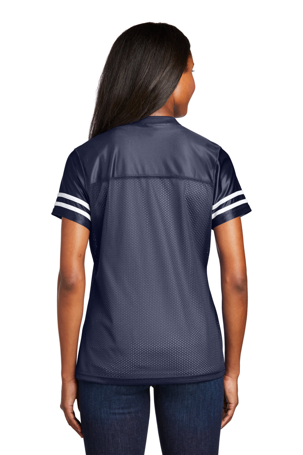 A navy blue sports jersey with short sleeves and white stripes, featuring a logo on the back.