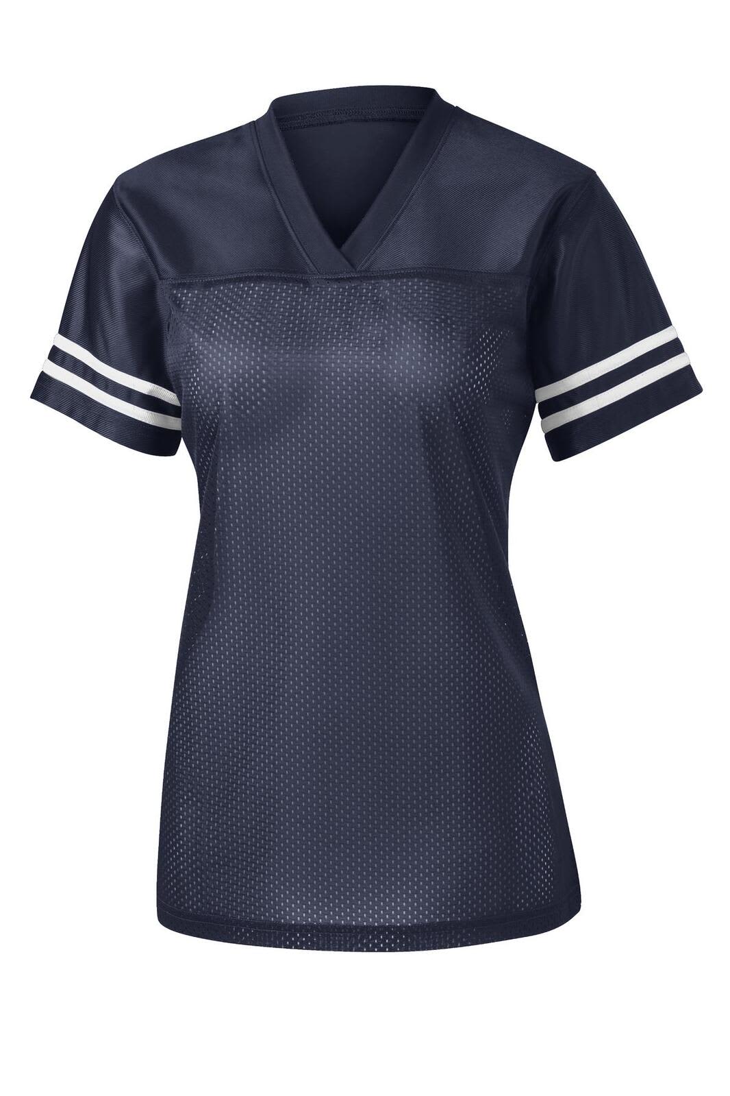 A navy blue ladies' jersey featuring a V-neck, short sleeves, and white striped accents, with a logo.