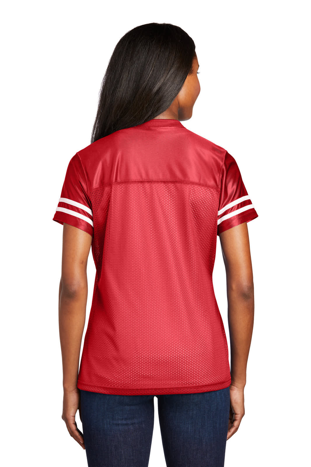 A red jersey featuring short sleeves and white stripes, with a breathable mesh design and a logo.