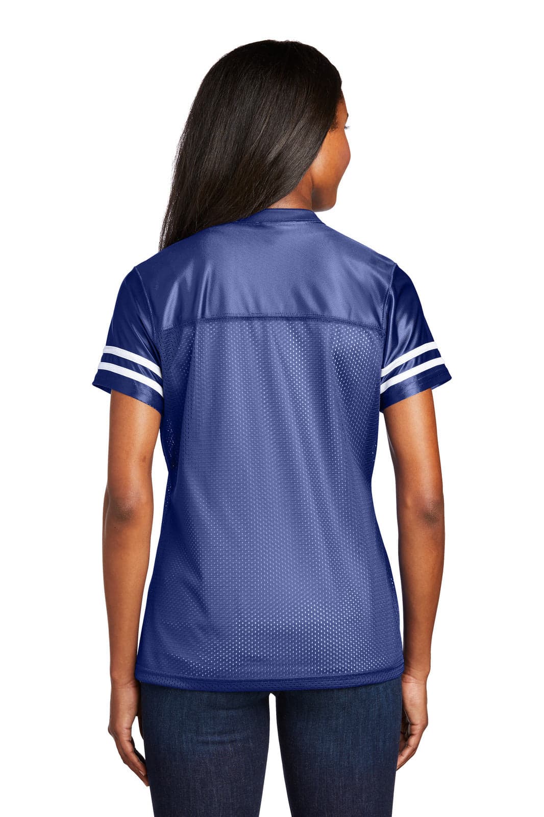 A women's navy blue sports jersey featuring short sleeves and white striped accents. It has a logo on the back.