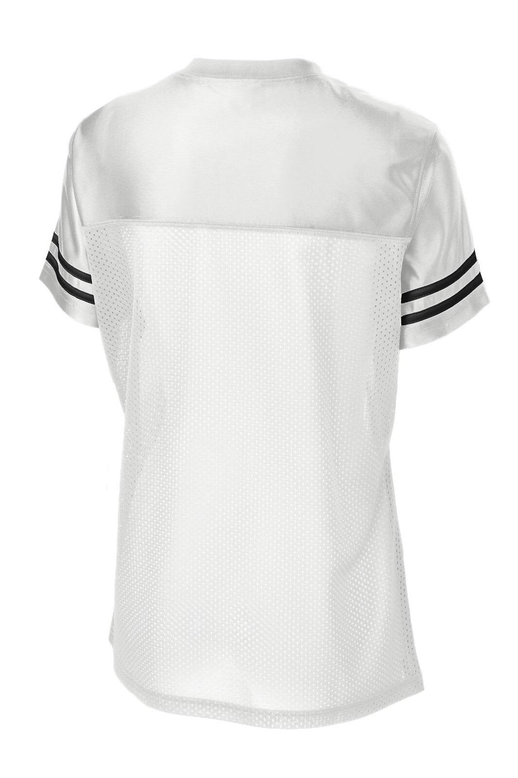 A white Sports Uniform jersey featuring short sleeves and black stripes, with a mesh back and a branding logo.