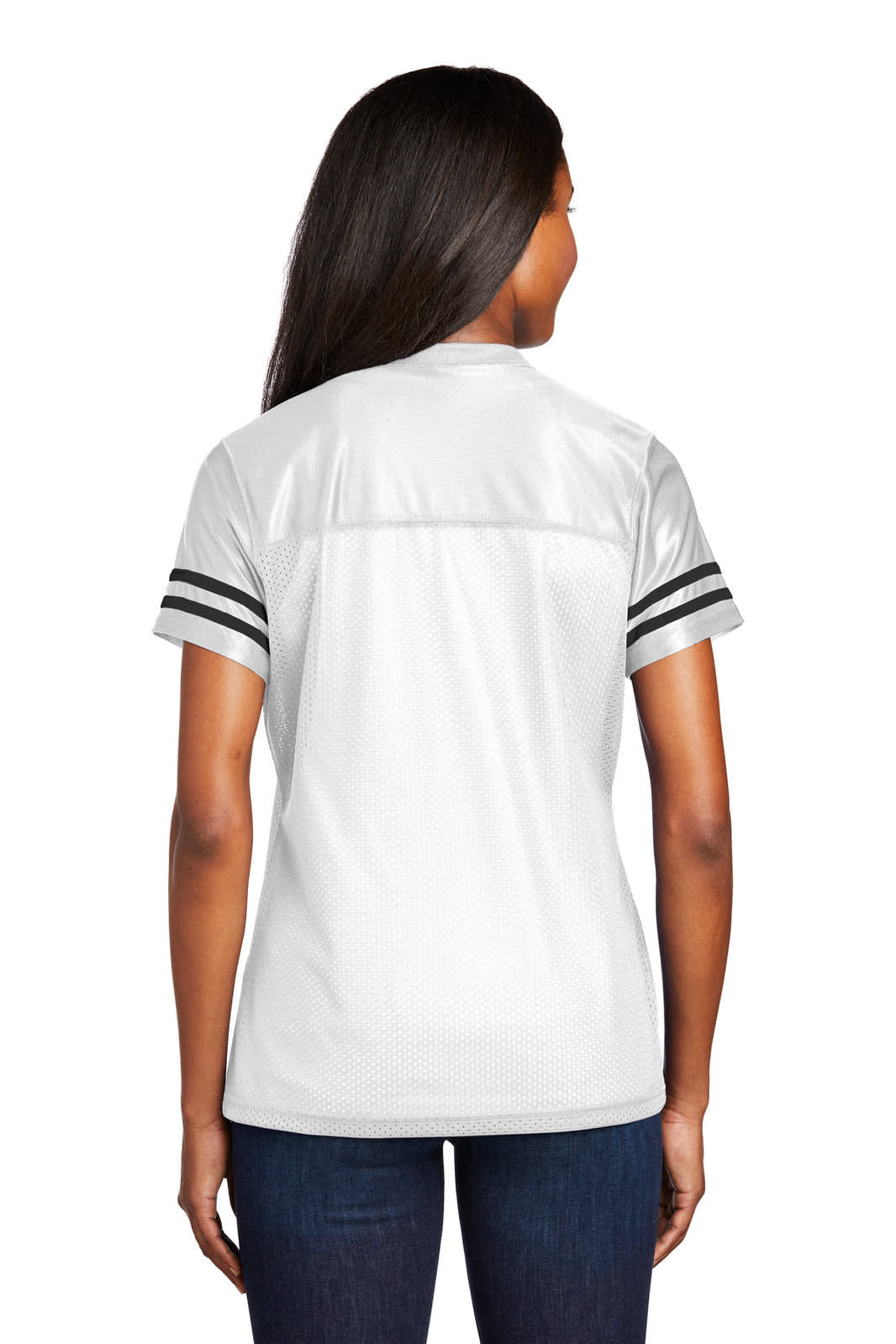 A white sports jersey featuring black stripes on the sleeves and a logo on the back.