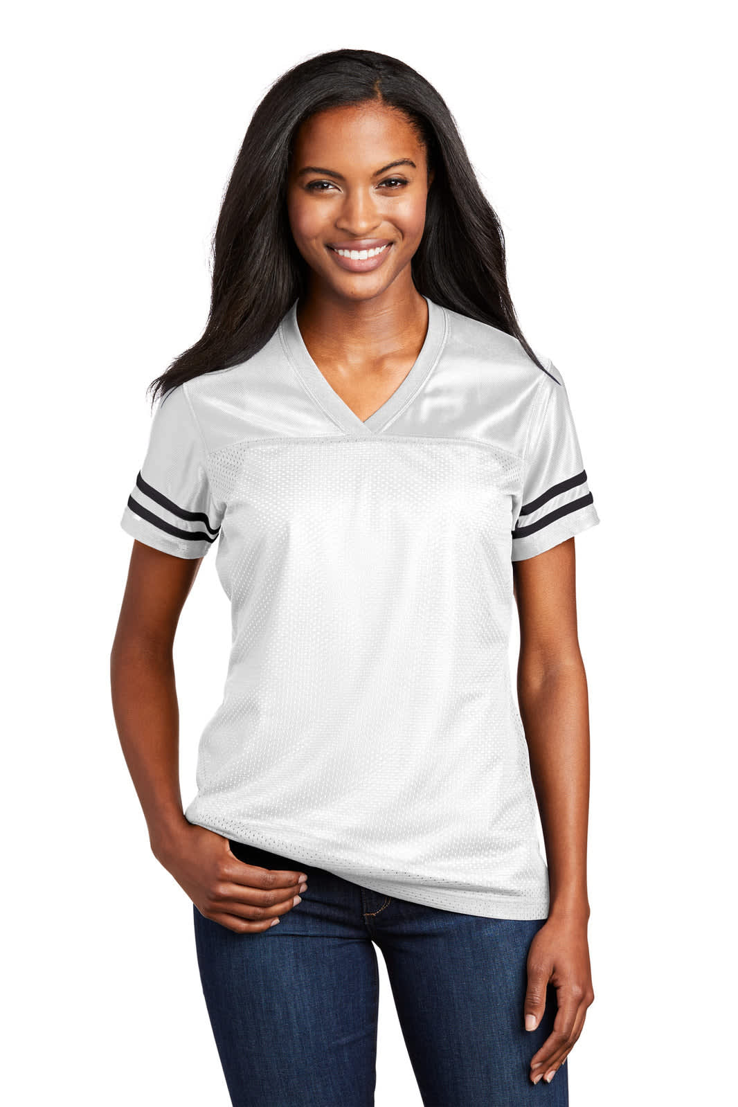 A white ladies' jersey with black stripes on the sleeves, featuring a v-neck design and an emblem.