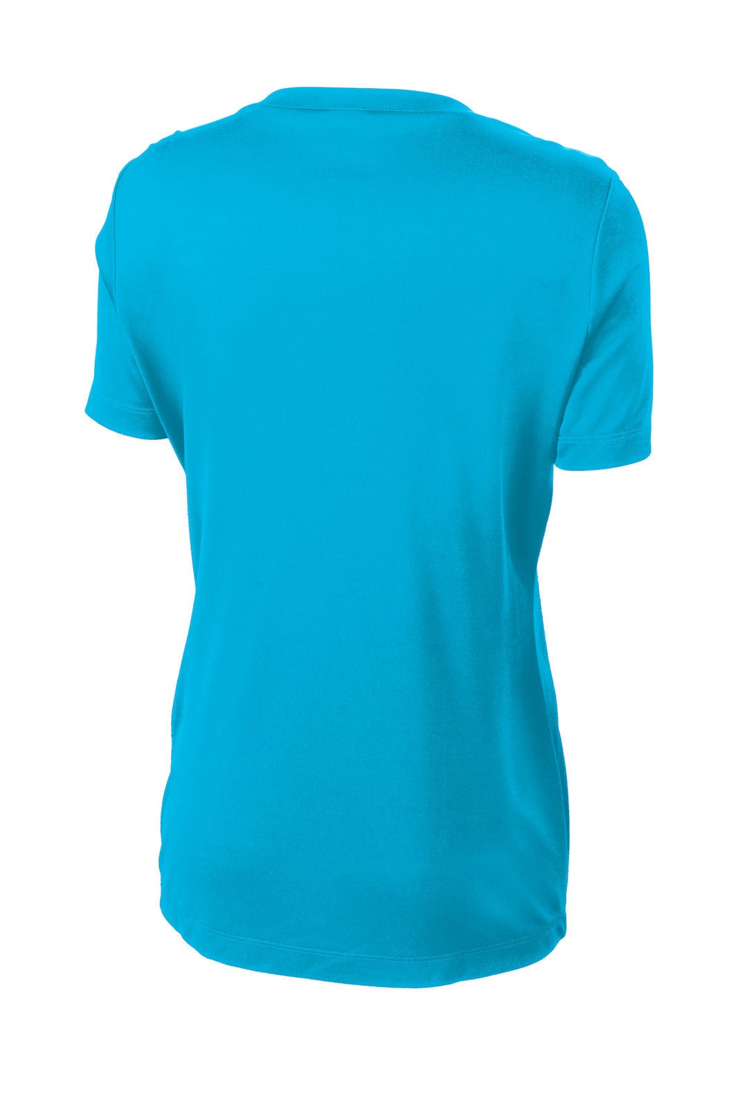 A turquoise ladies' t-shirt with a plain back and short sleeves, featuring a logo.