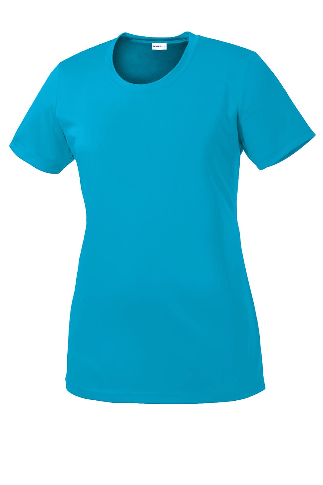 A turquoise ladies' t-shirt from Sport-Tek with a round neck and short sleeves. It has a logo on it.