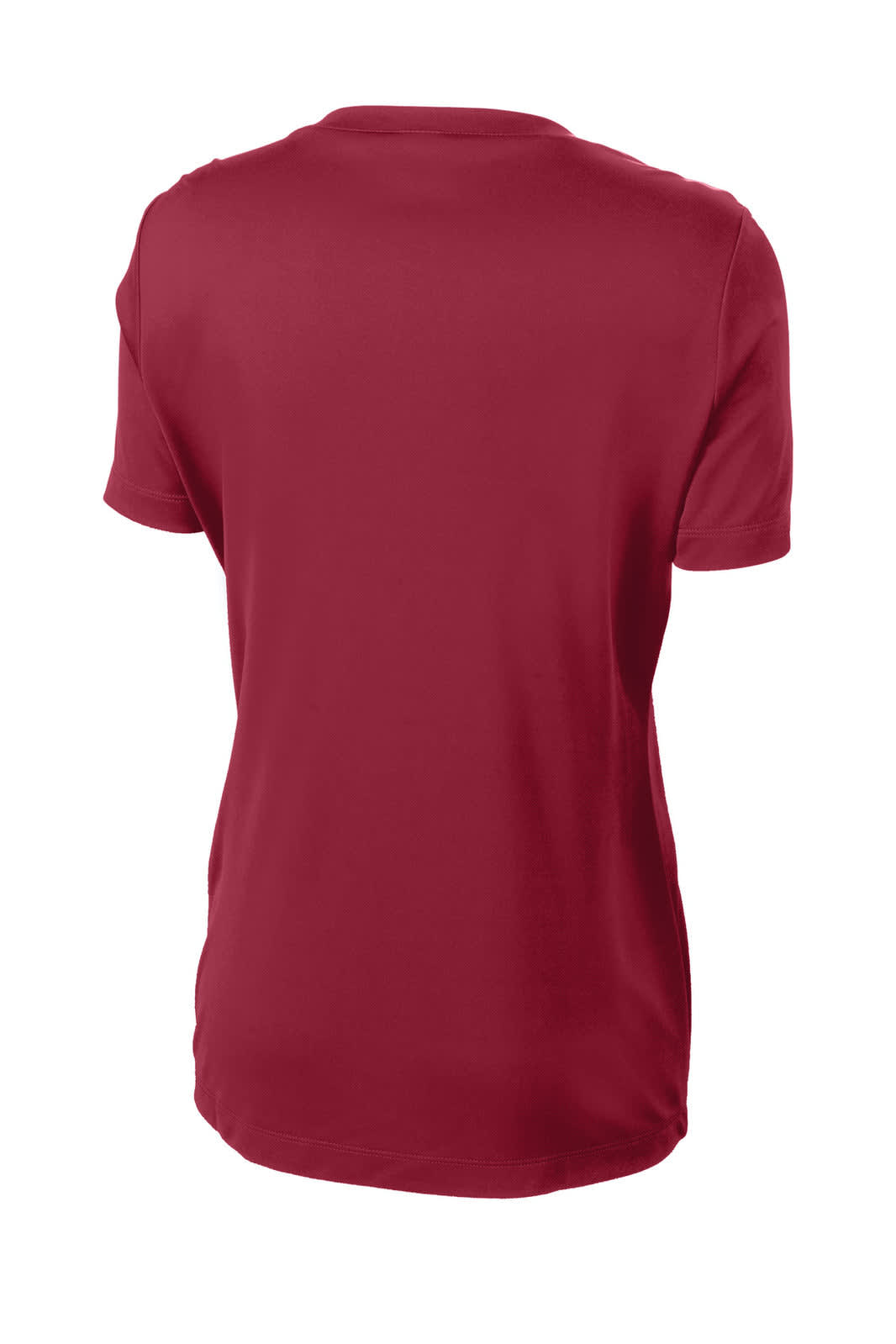 A red ladies' t-shirt with a smooth fabric finish and a back view, featuring a logo.