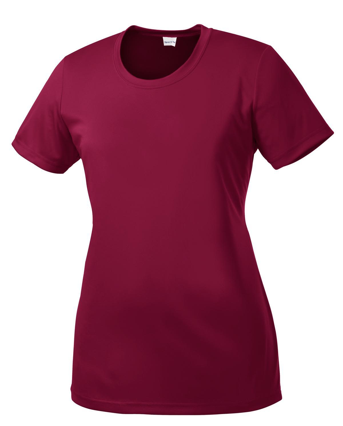 A maroon ladies' t-shirt with short sleeves, featuring a round neckline and a logo.