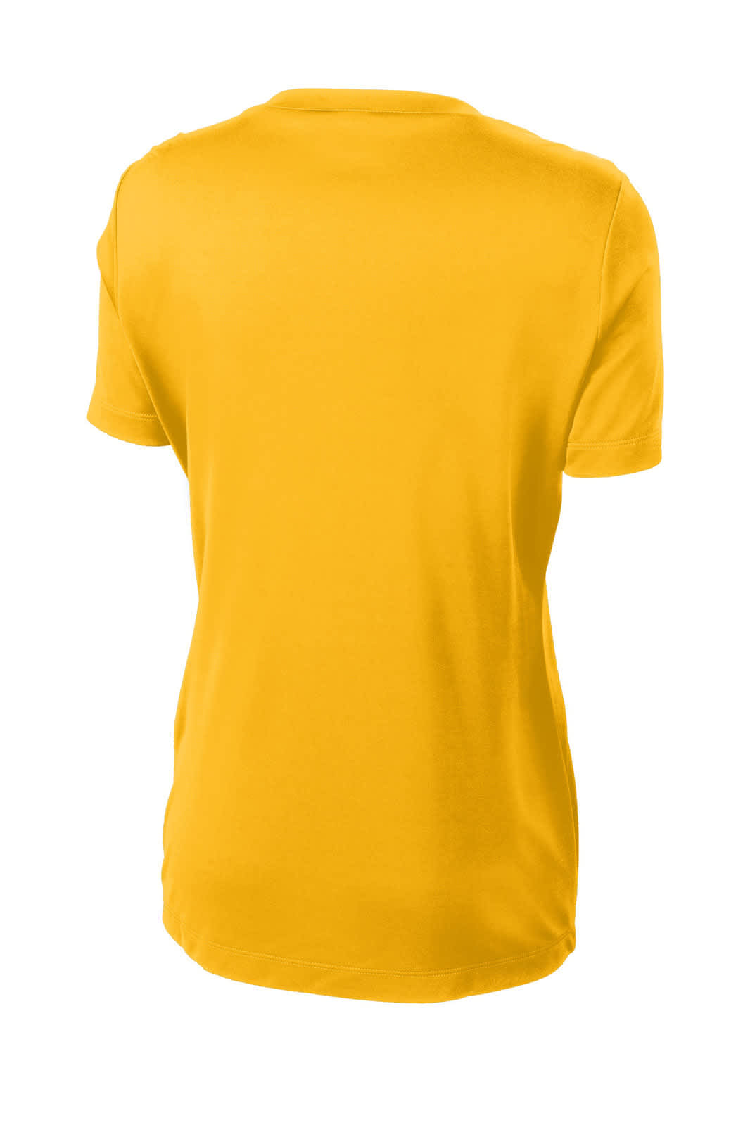 A yellow ladies' t-shirt with a round neck and short sleeves, featuring a logo on the back.