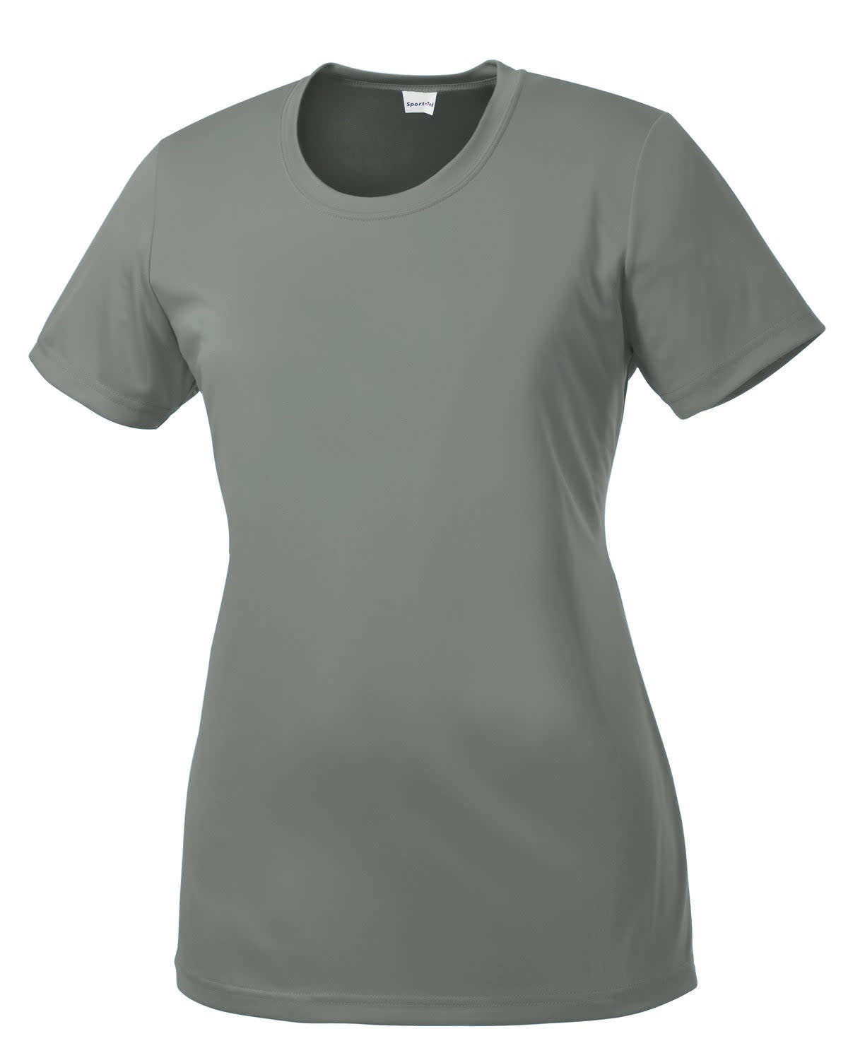 A grey short-sleeved women's t-shirt with a round neckline and a logo.