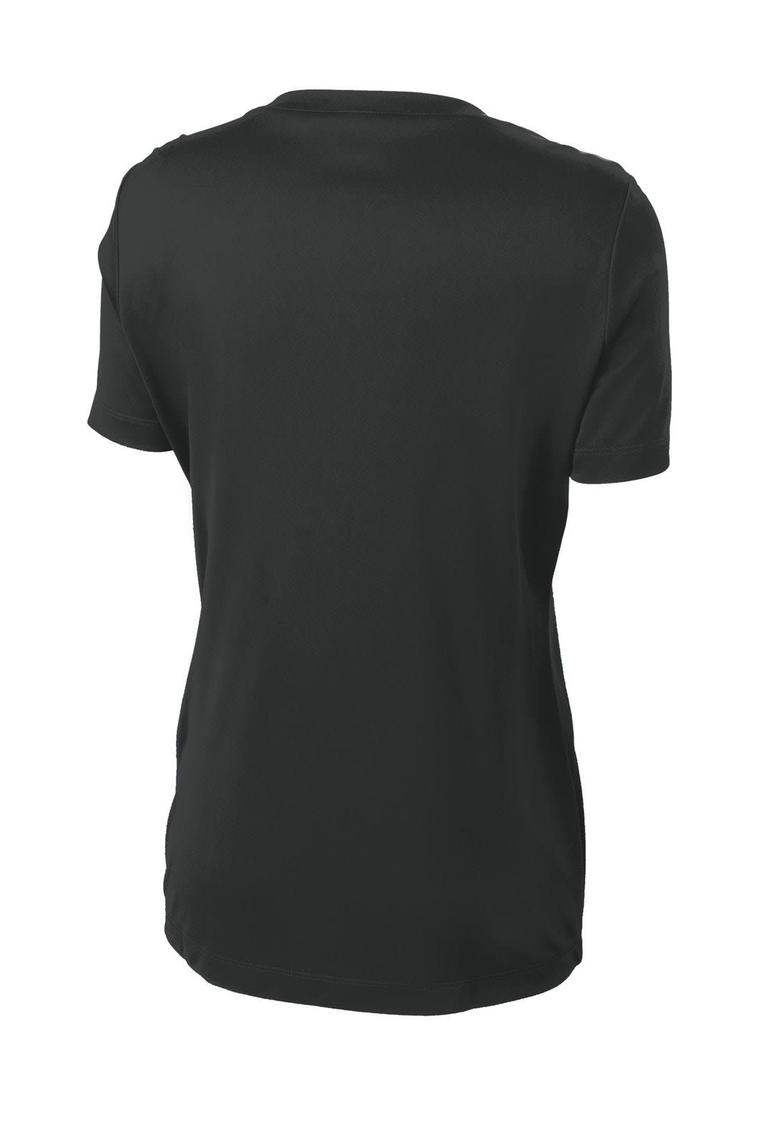 A black T-shirt with a round neckline and short sleeves, featuring a logo on the back.