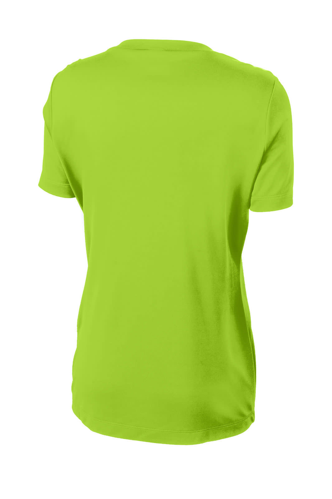 A bright green women's t-shirt with short sleeves and a plain back. Features a logo on the garment.