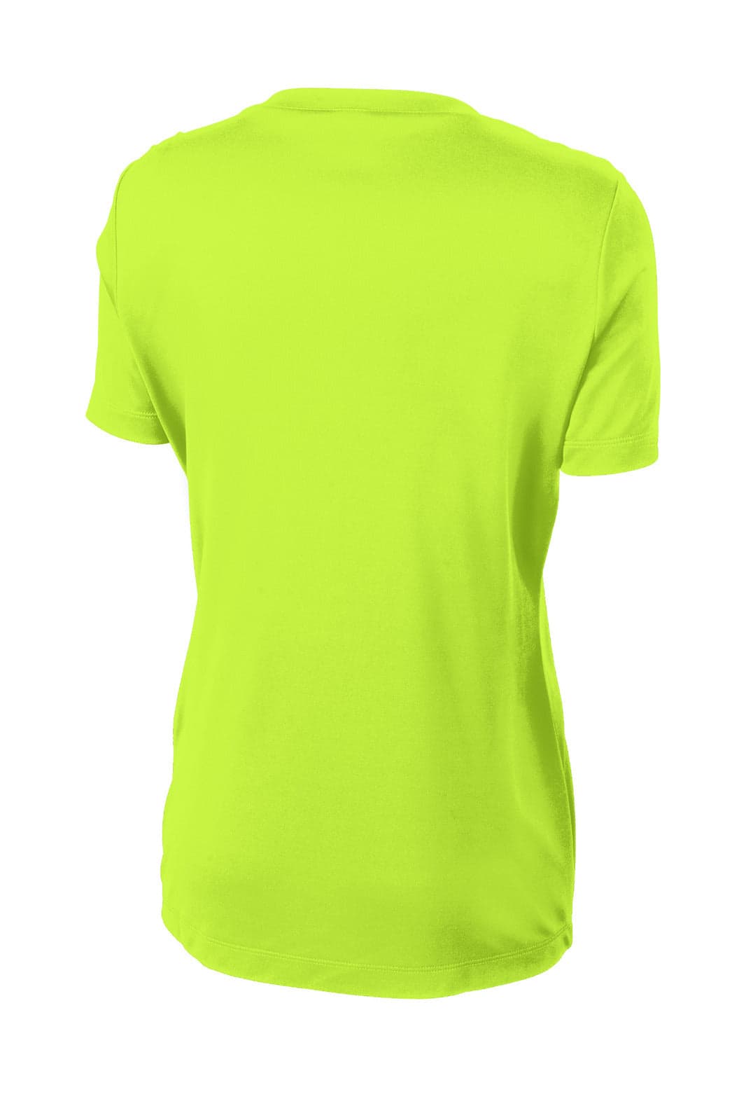 A bright yellow ladies' t-shirt with a classic crew neck and short sleeves, featuring a logo.