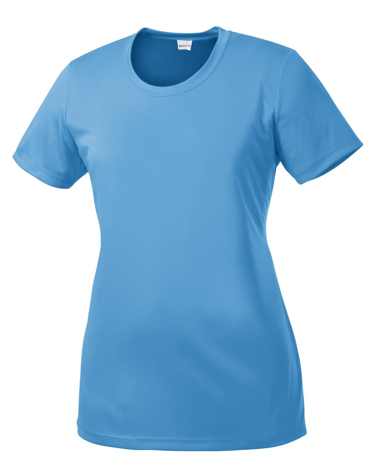 A light blue women's short-sleeve tee featuring a fitted design and a logo.