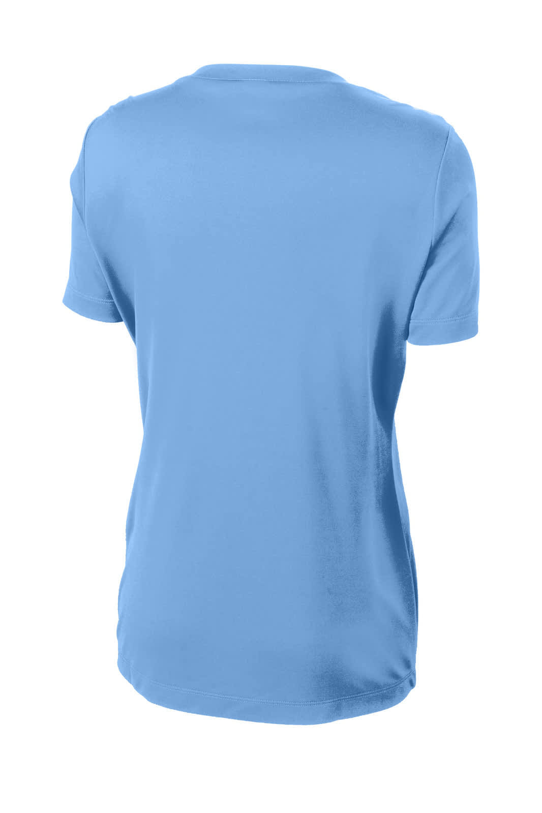 A light blue ladies' t-shirt with a crew neck and short sleeves, featuring a logo.