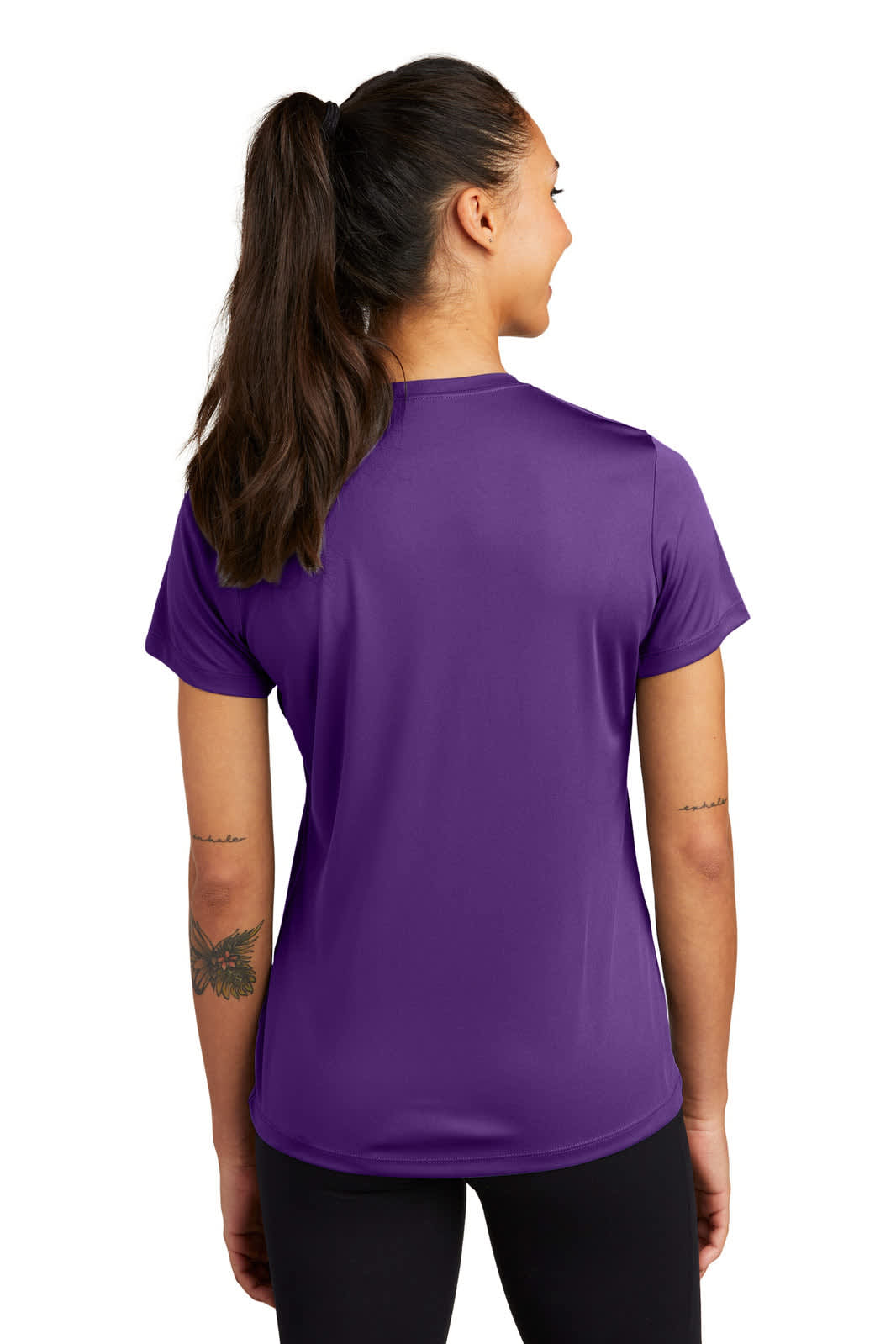 A purple women's short-sleeve t-shirt featuring a logo on the back. The fabric has a smooth, athletic finish.