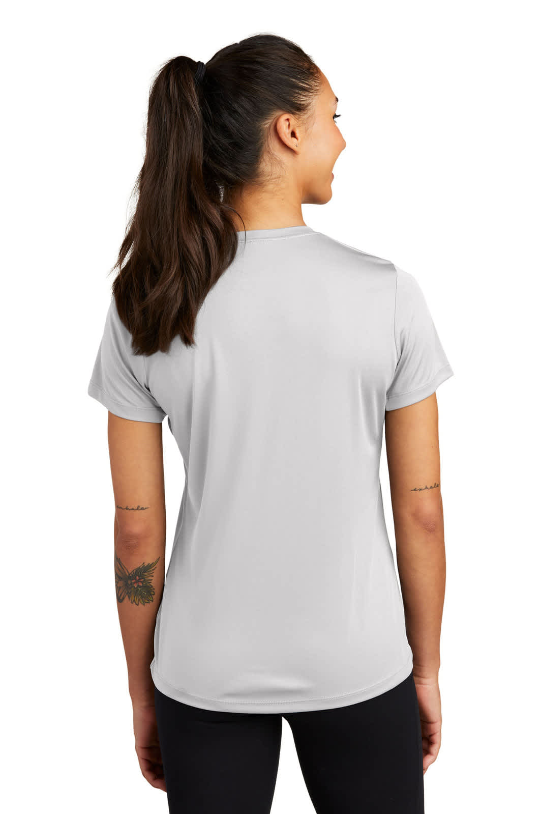 A grey athletic t-shirt designed for women, featuring a logo on the back and a standard fit.