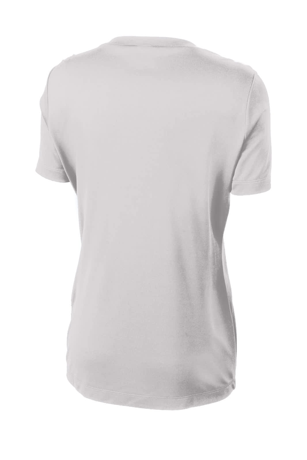 A plain white ladies’ t-shirt with a smooth back design and a classic cut, featuring a small logo.