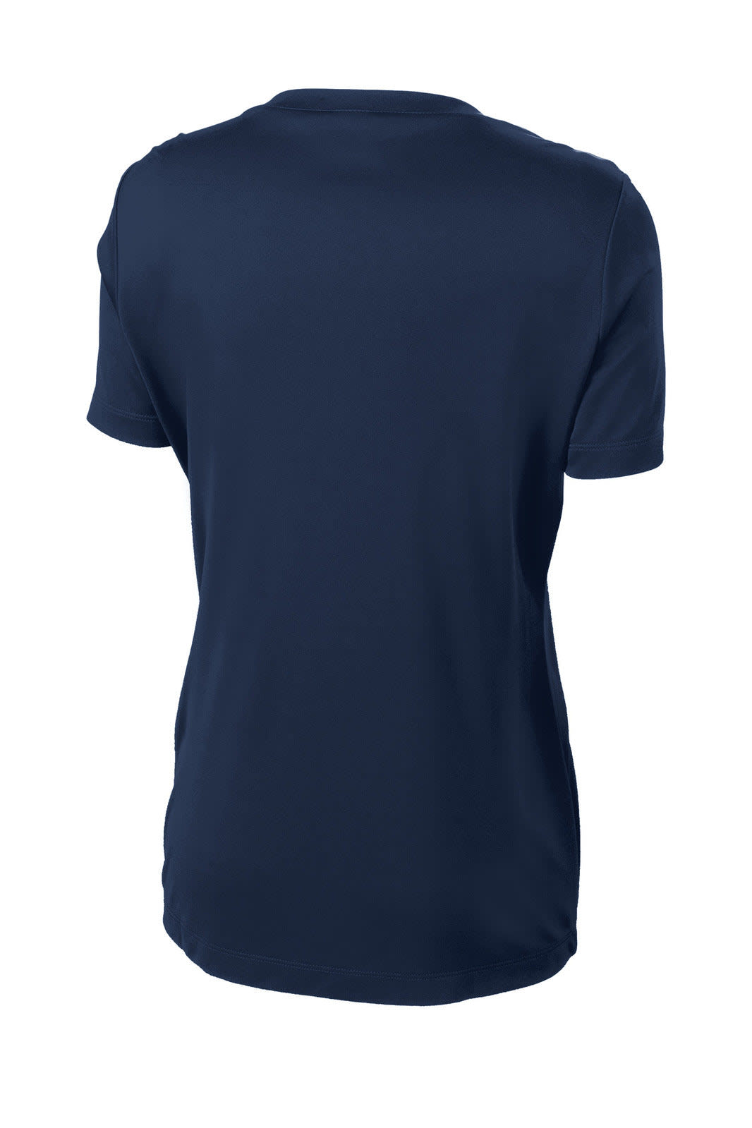 A navy blue ladies' t-shirt with a crew neckline and short sleeves, featuring a branding logo.
