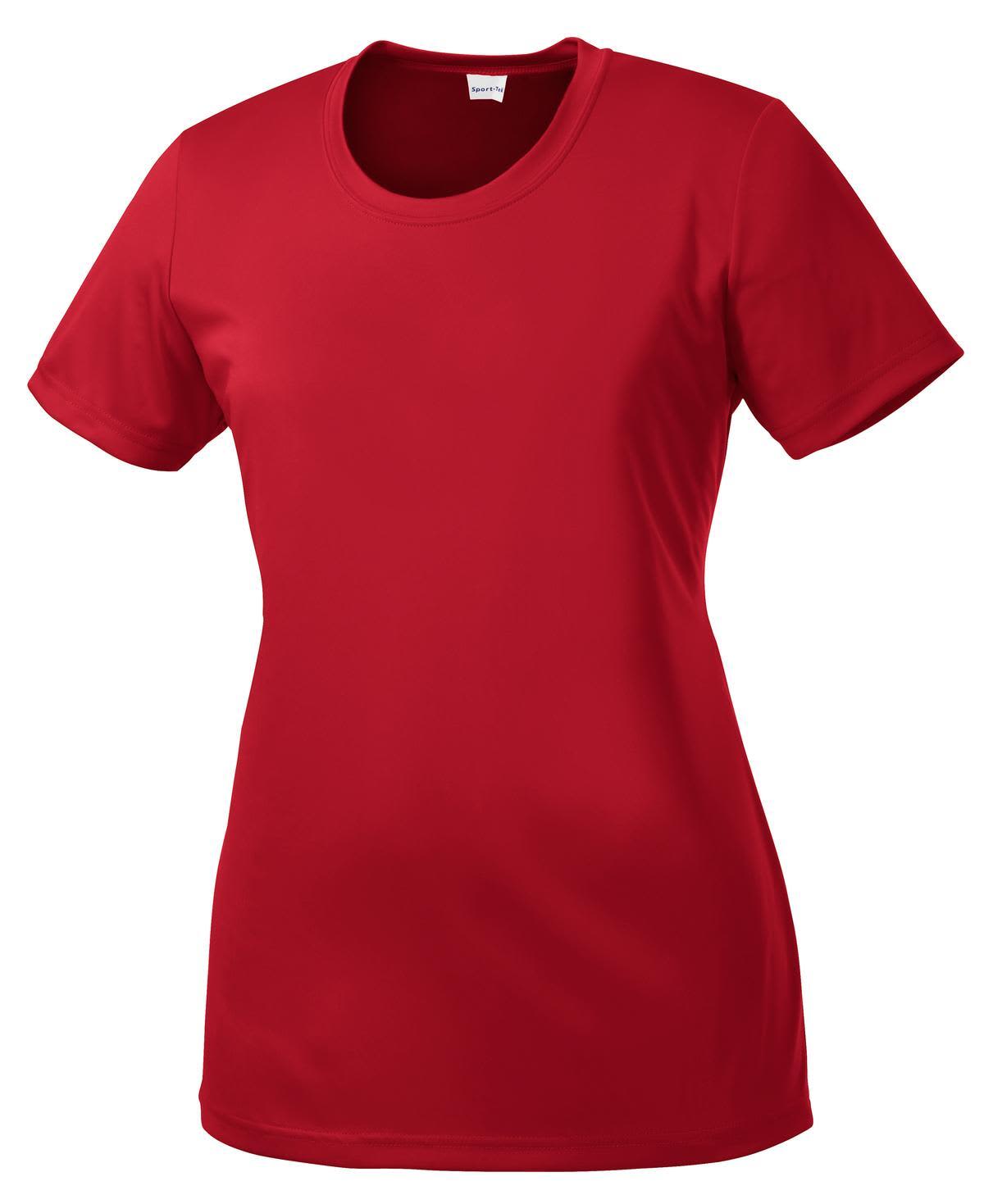 A red ladies' t-shirt with a round neckline and short sleeves, featuring a logo.