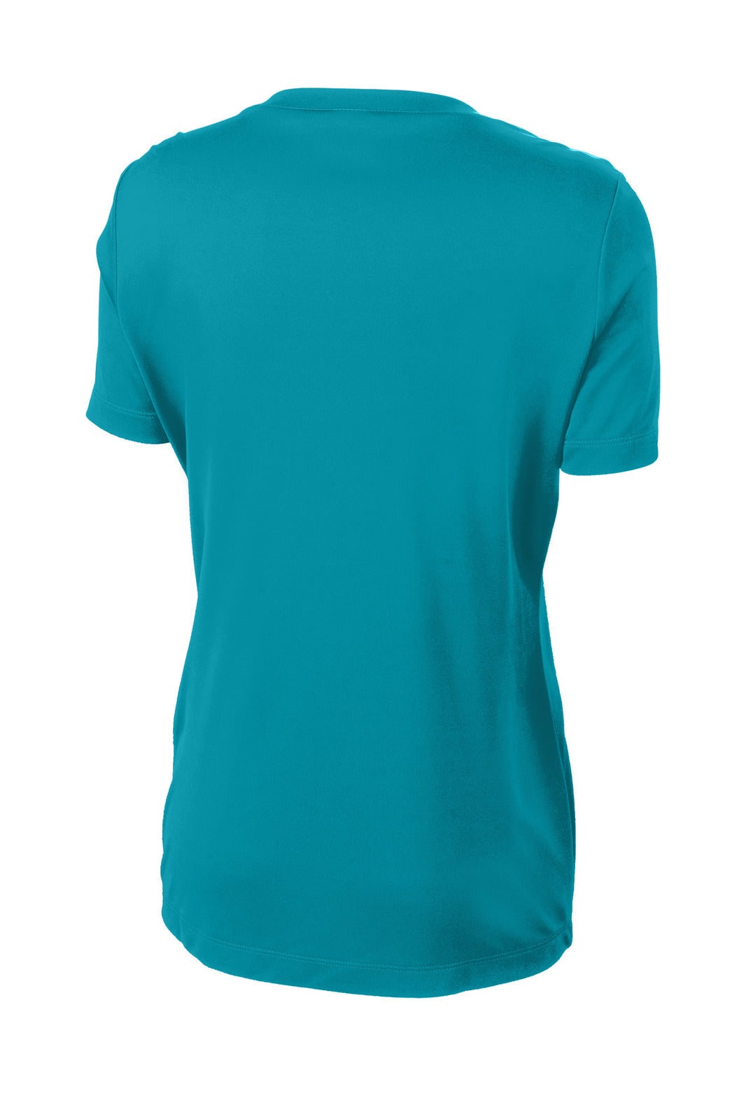 A teal ladies' short-sleeve t-shirt with a smooth, solid design and a logo on the back.