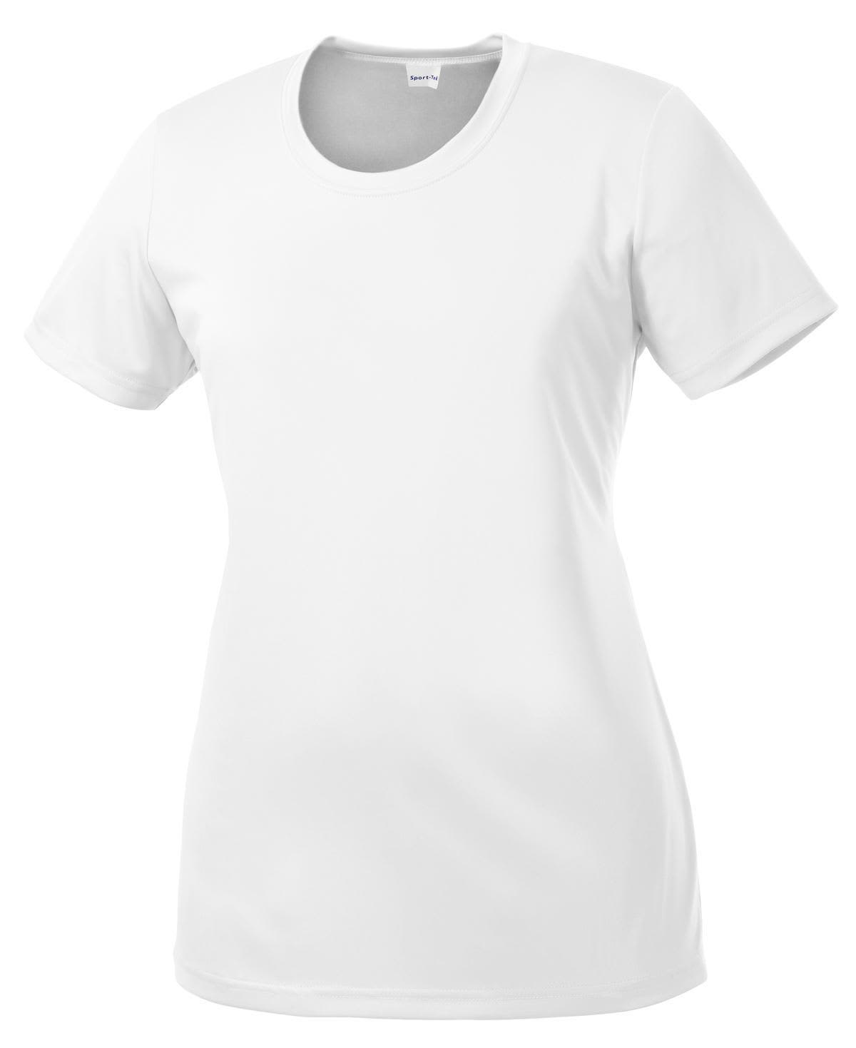 A white ladies' short-sleeve t-shirt made of moisture-wicking fabric, featuring a logo.