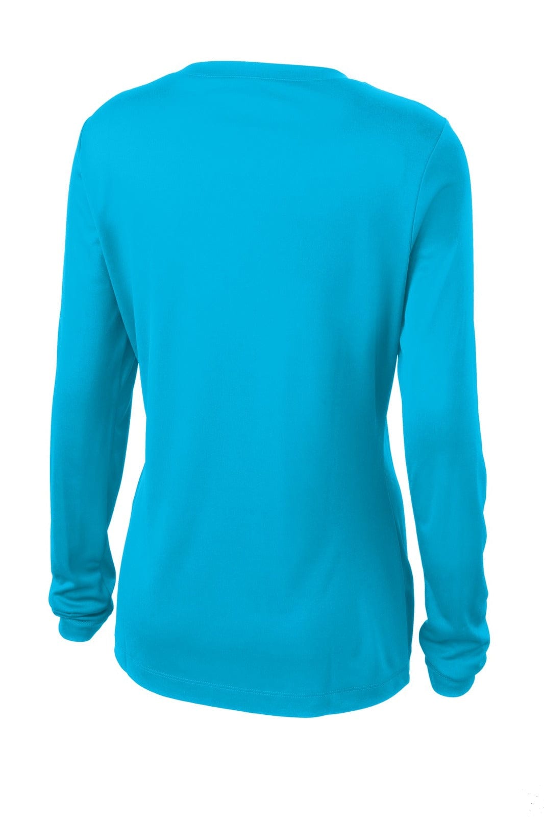 A long sleeve turquoise V-neck tee for ladies, featuring a logo on the back.