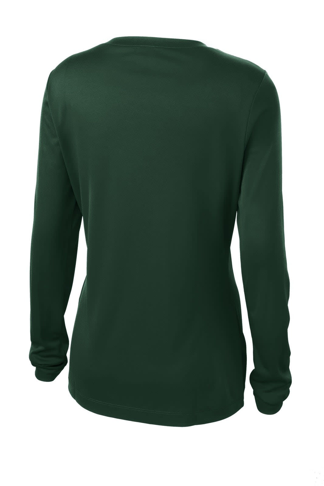 A long sleeve, v-neck t-shirt in dark green, featuring a logo. The back is plain and fitted.