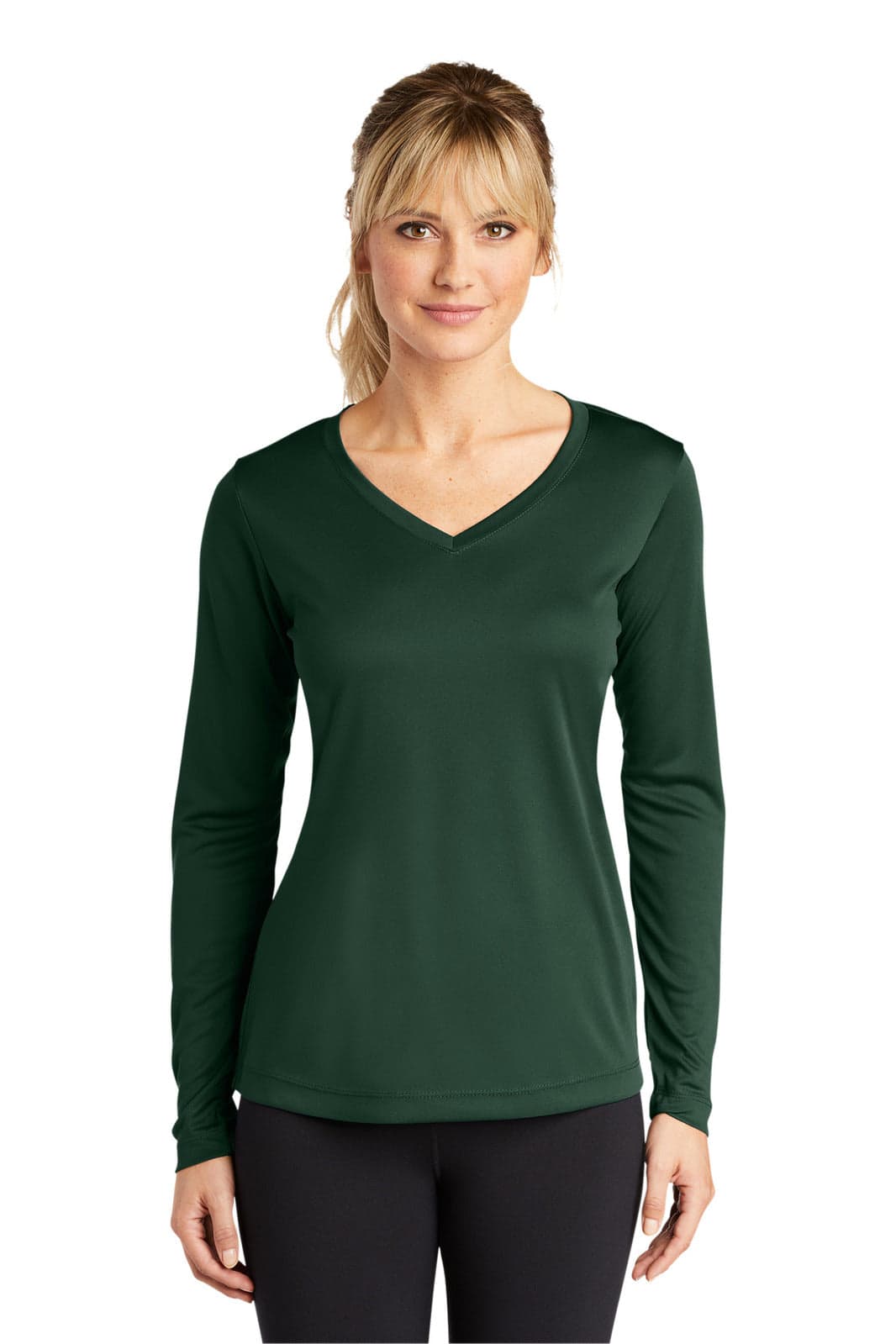 A green long sleeve V-neck tee designed for women, featuring a fitted silhouette and a logo on the garment.