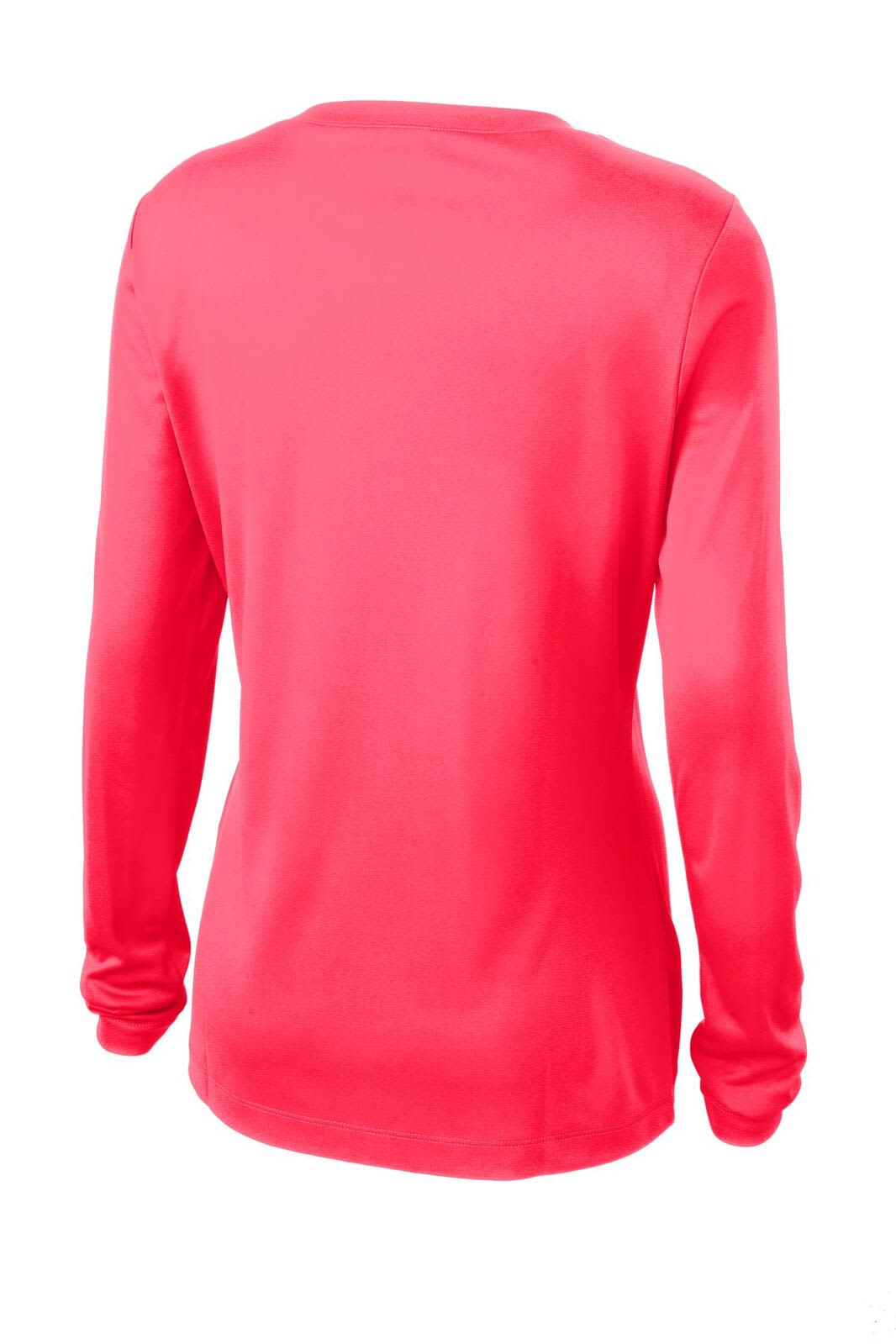 A ladies long sleeve V-neck tee in bright pink, featuring a smooth fabric and a simple design with a logo.