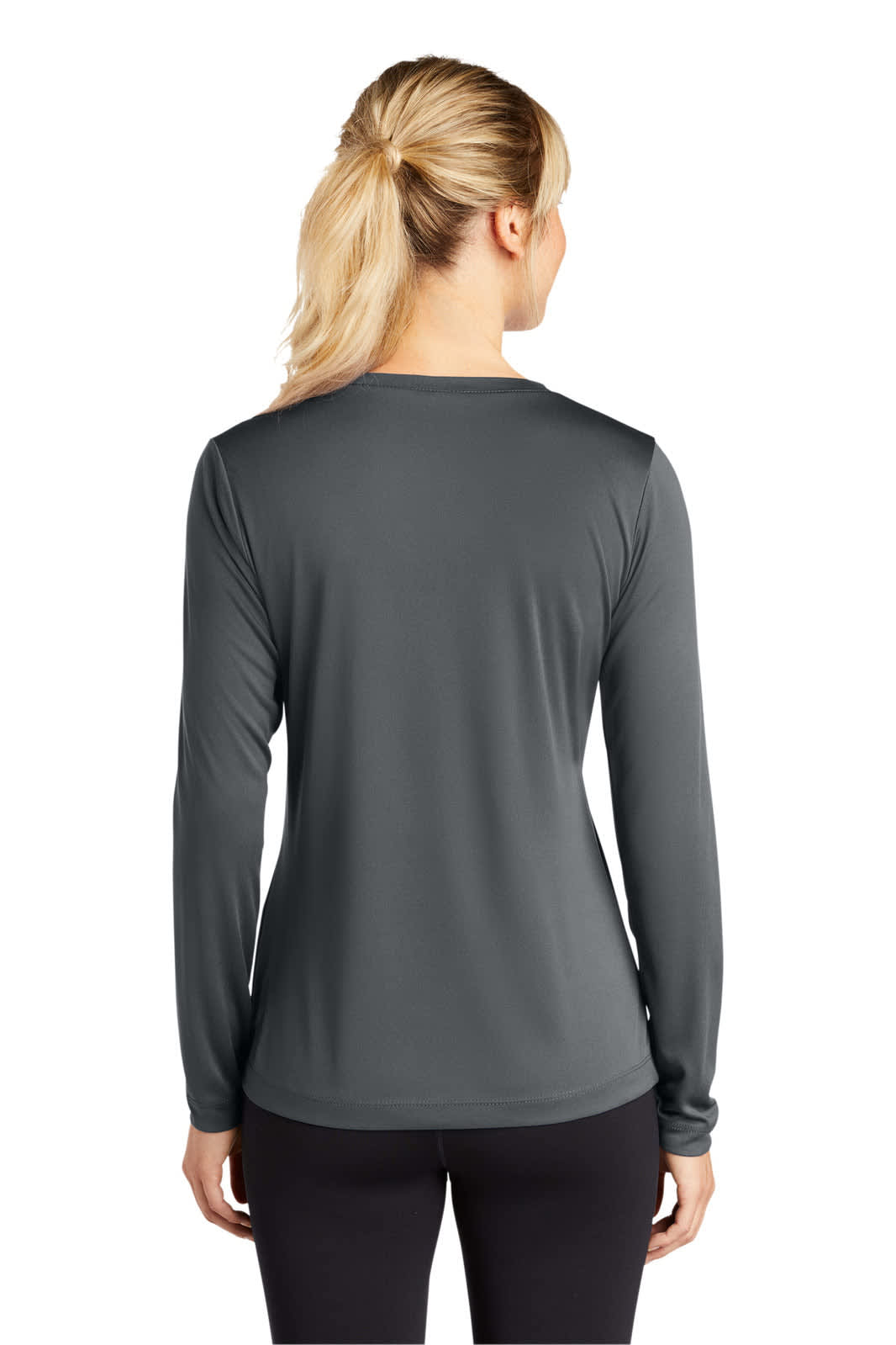 A women’s long sleeve V-neck tee in dark grey, featuring a smooth, fitted design and a logo on the back.