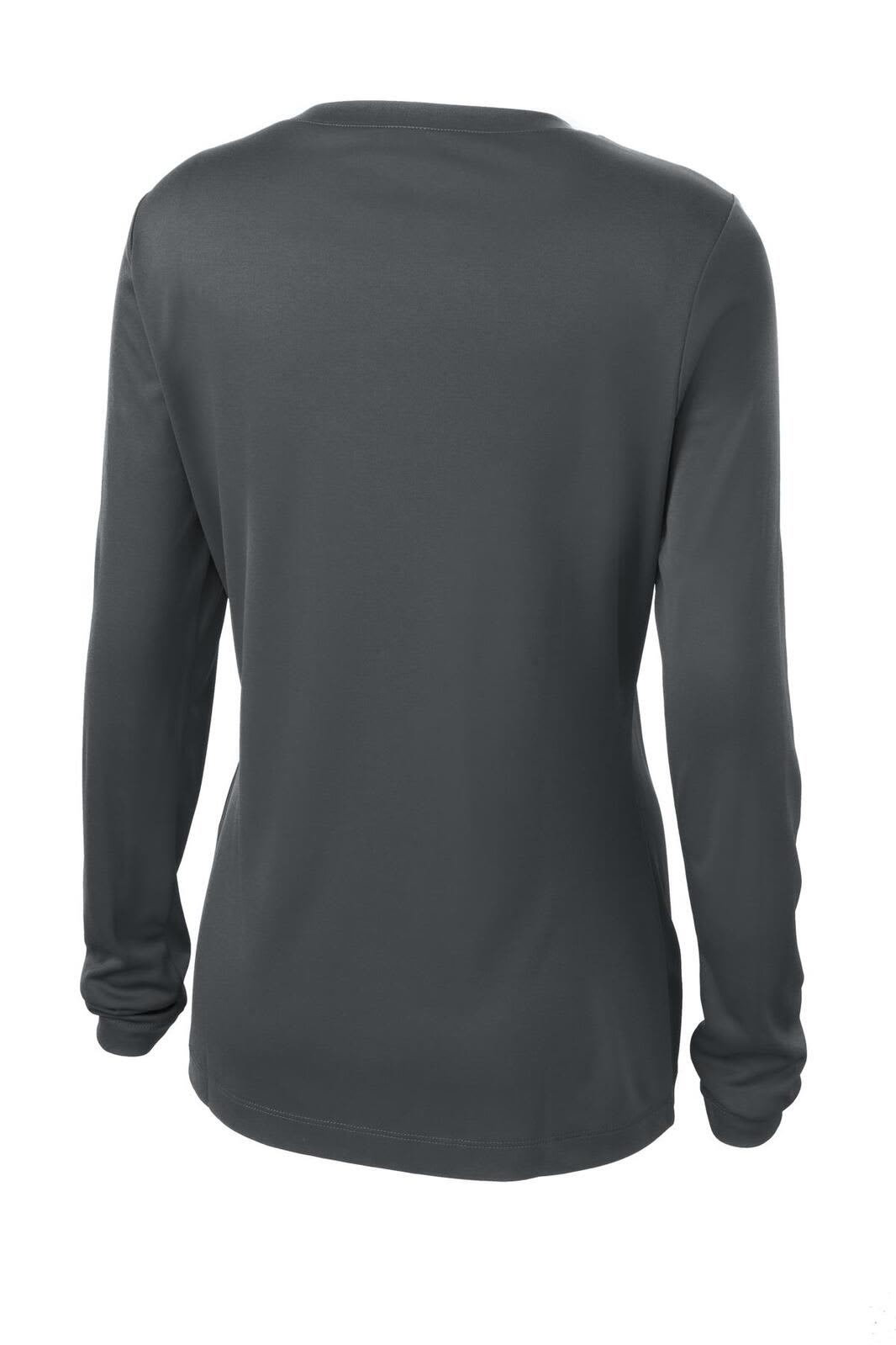 A grey long sleeve v-neck tee with a soft, smooth finish, featuring an unembellished back and a fitted silhouette.